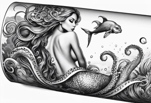 Octopus looking up at a mermaid in the ocean wrap around entire bottom of leg. tattoo idea