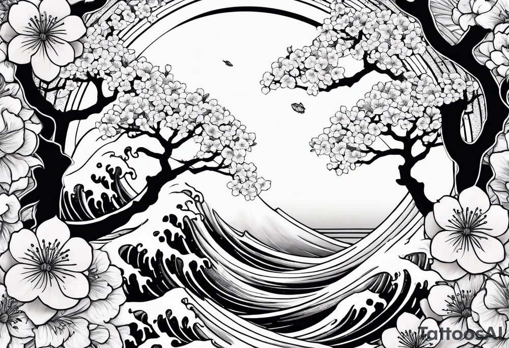 Tori rounded by cherry blossom and death flower and Japanese wave tattoo idea