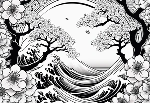 Tori rounded by cherry blossom and death flower and Japanese wave tattoo idea