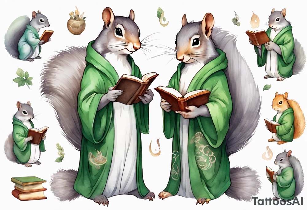 a grey squirrel with long feminine hair and a green robe, holding a magic book tattoo idea