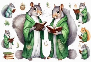 a grey squirrel with long feminine hair and a green robe, holding a magic book tattoo idea