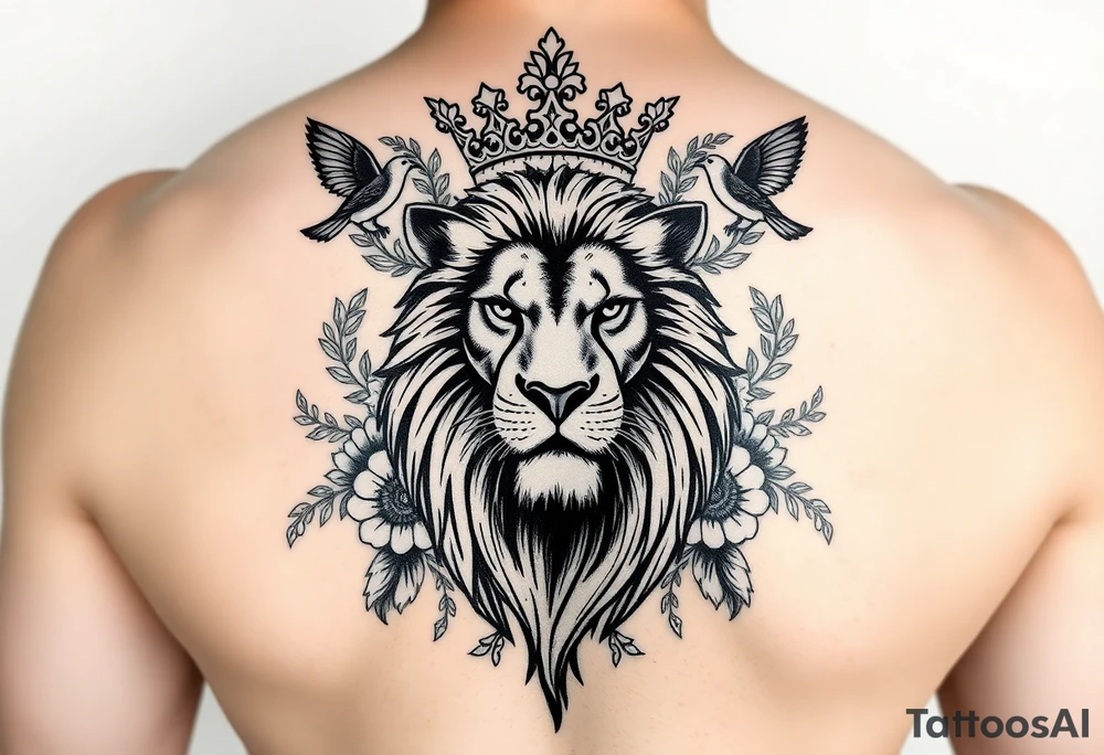 powerful majestic lion with a crown, surrounded by floral ornaments and birds tattoo idea