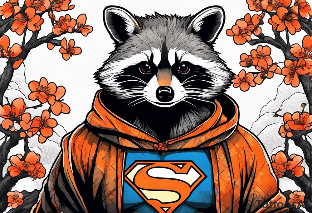 raccoon wearing a black and white Superman hoodie and orange Japanese cherry blossoms tattoo idea