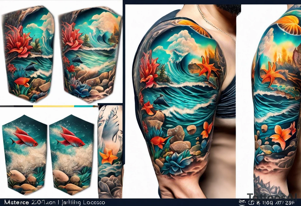 An ocean themed half sleeve with NO FISH tattoo idea