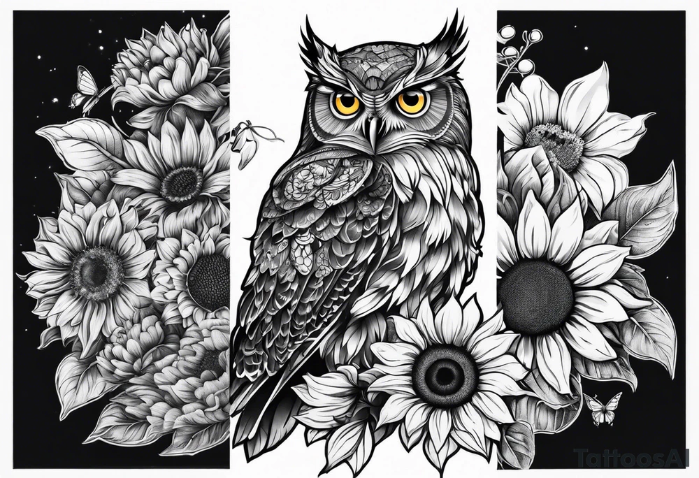 Small owl with sunflowers and butterflies arm sleeve tattoo idea