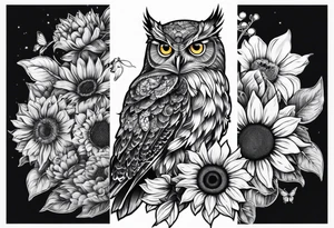 Small owl with sunflowers and butterflies arm sleeve tattoo idea