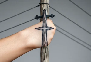 a wooden 12kv distribution pole with electrical lines. Make the pole a cross that has a hidden resemblance to god. tattoo idea