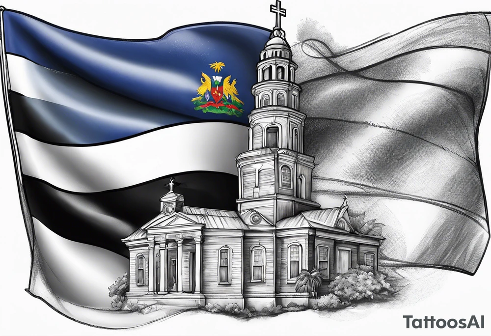 create a haitian flag theme tattoo that goes over a black mans left chest. Have it embody christian faith, salsa dancing, real estate, and public speaking, tattoo idea