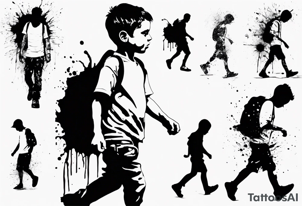 Paint splash forming a lost boy walking alone tattoo idea
