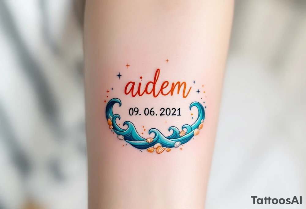 Adam 09. 06. 2021 – Orange and turquoise waves surrounding Aiden's birthdate, accented with small sea shells and a subtle sunset glow. tattoo idea