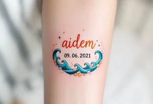 Adam 09. 06. 2021 – Orange and turquoise waves surrounding Aiden's birthdate, accented with small sea shells and a subtle sunset glow. tattoo idea
