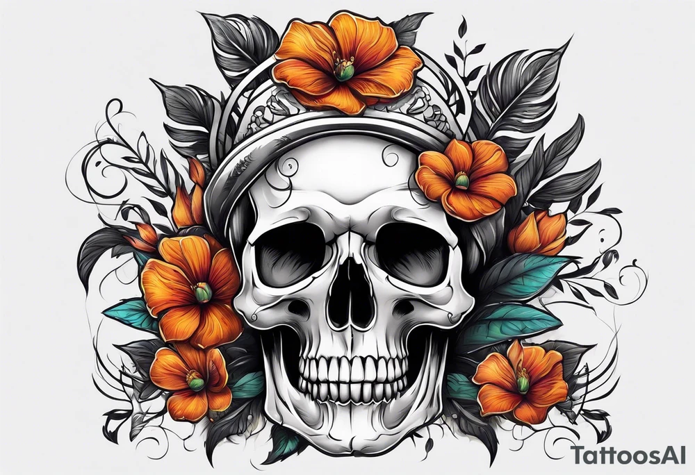 skull with one flower growing out of its head tattoo idea