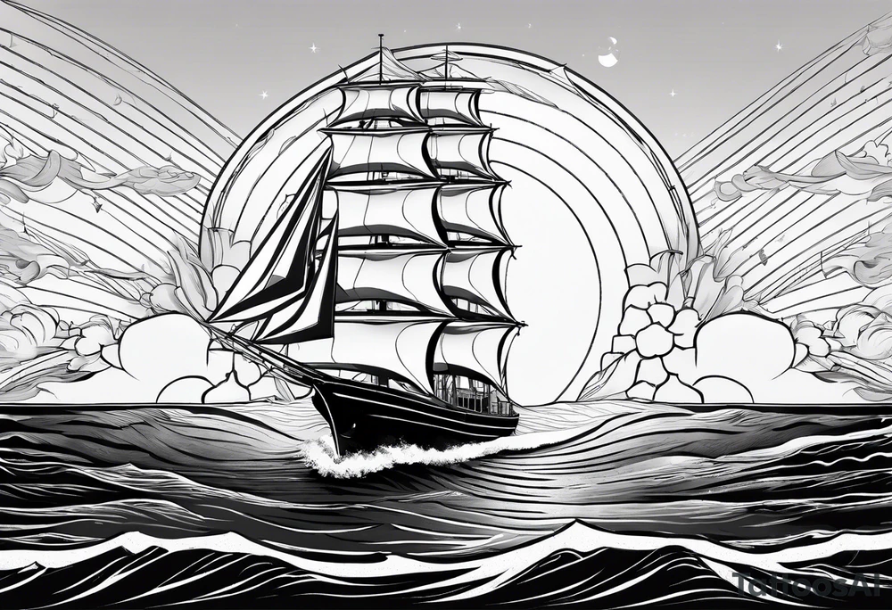 sailboat seen from the front. sail in the shape of a maritime lighthouse.phoenix drawn on the sail. tattoo idea