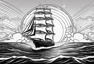 sailboat seen from the front. sail in the shape of a maritime lighthouse.phoenix drawn on the sail. tattoo idea