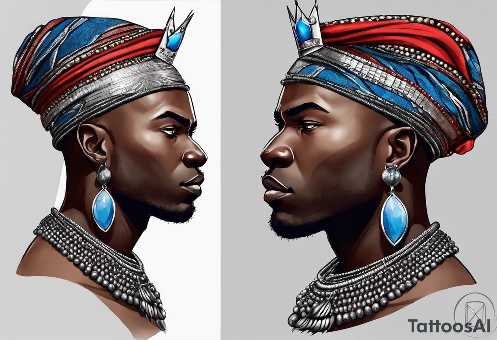 Black-skinned bald african warrior. He wears a simple and small silver crown. He uses two simple necklaces: one blue, other red. He has cowry shells in his crown tattoo idea