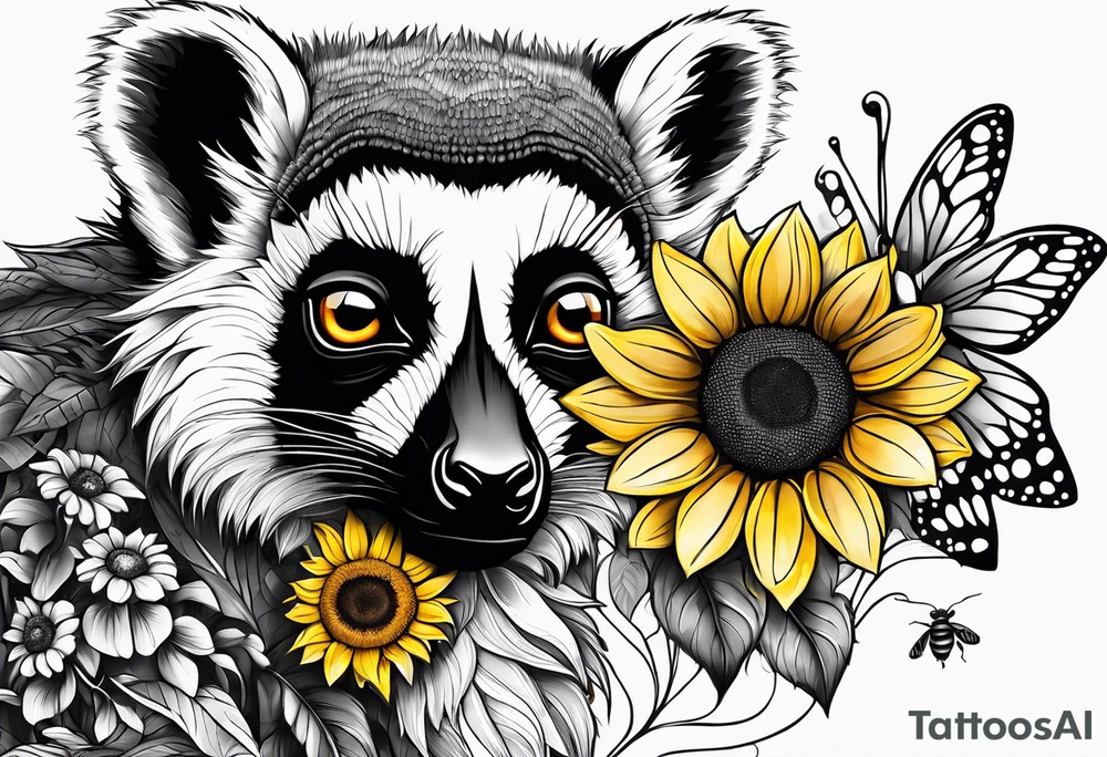 A lemur, a sunflower, and a bumble bee tattoo idea