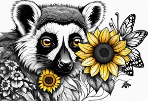 A lemur, a sunflower, and a bumble bee tattoo idea