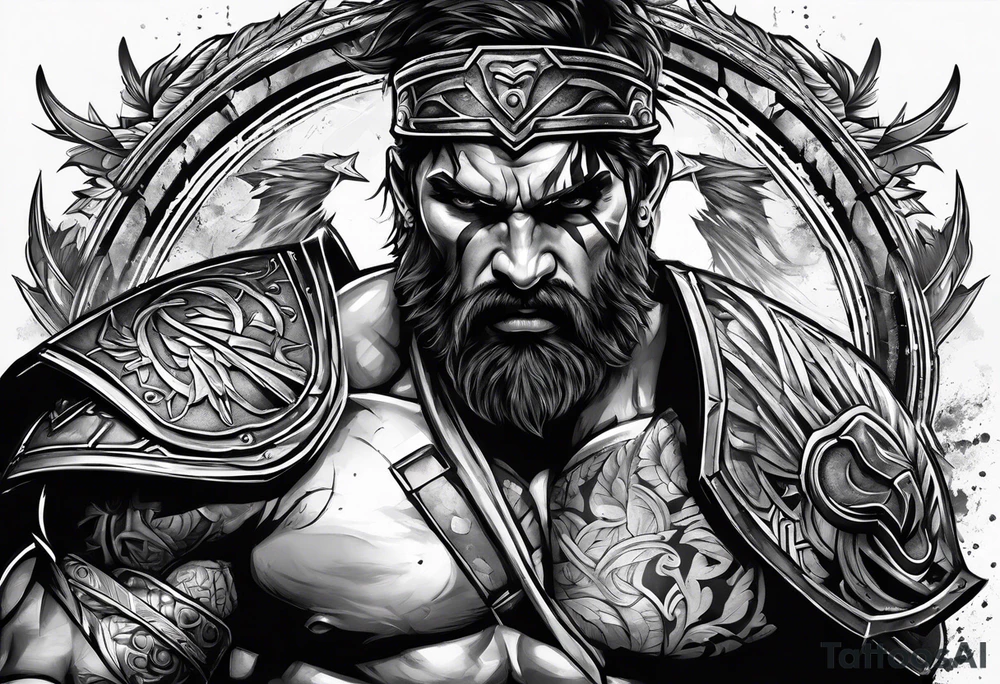 Ripped angry gladiator with axe tattoo idea
