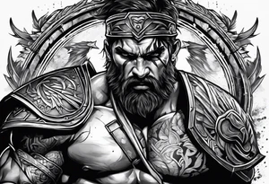 Ripped angry gladiator with axe tattoo idea