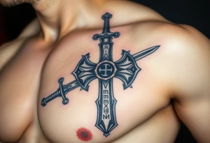 A battle-worn Templar cross fused into a medieval sword, with glowing runes along the blade tattoo idea