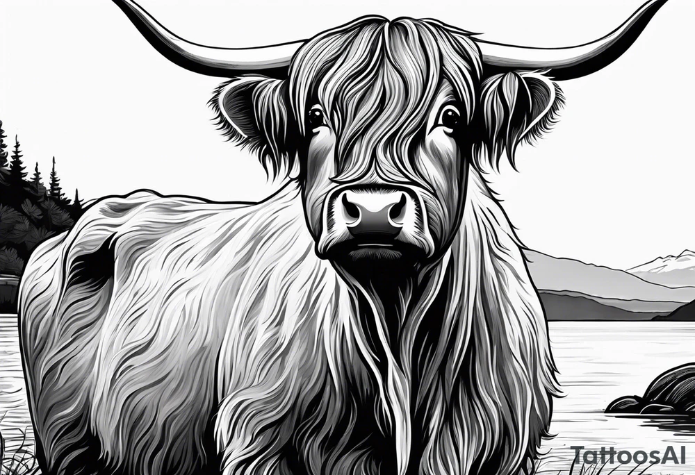 A highland cow riding Nessie from Loch Ness tattoo idea