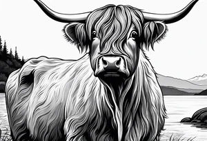 A highland cow riding Nessie from Loch Ness tattoo idea