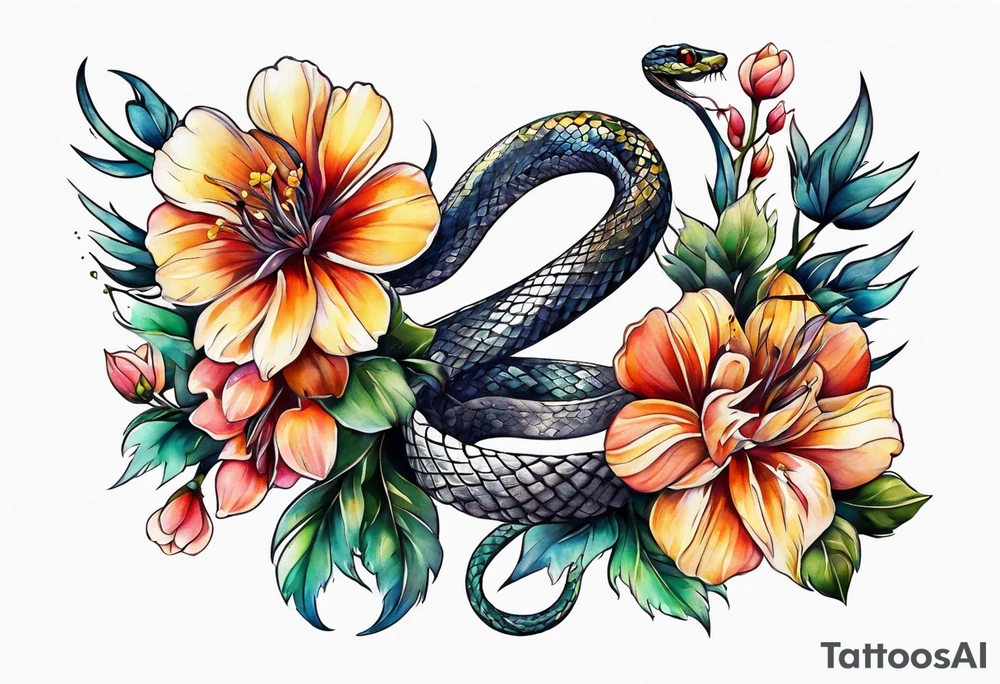 Spine tattoo, snake and flowers tattoo idea