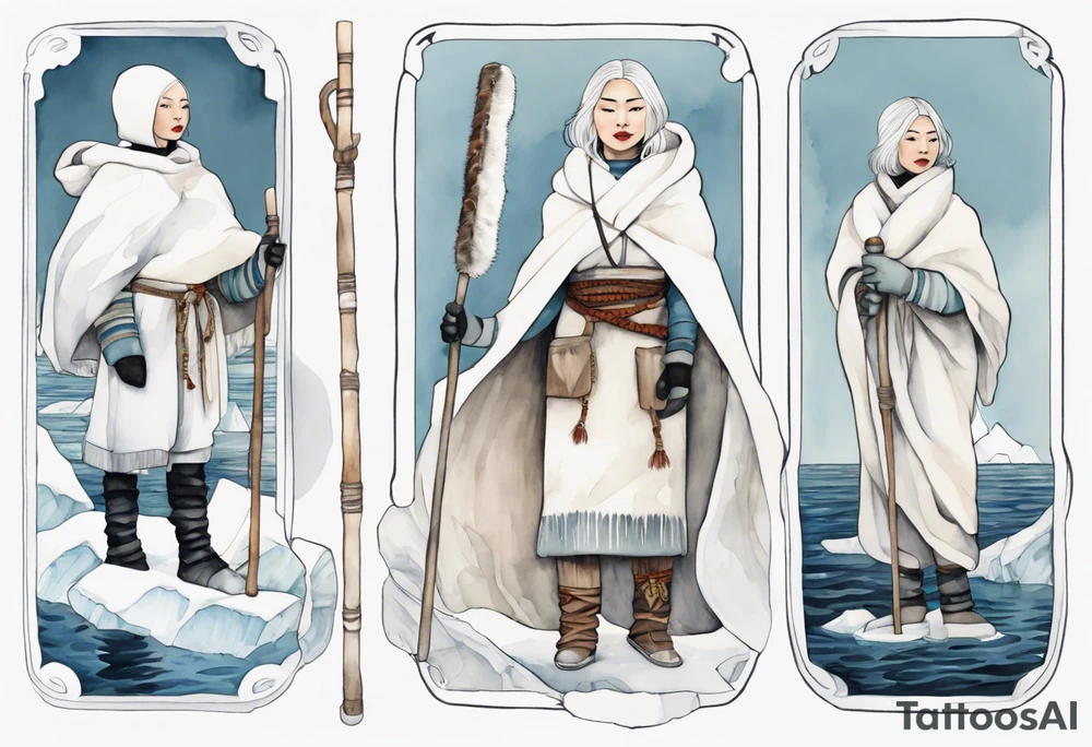 an Inuit woman with white hair, wearing mittens, wearing a white cloak, holding a white staff, wearing mukluks, standing on an iceberg in the sea tattoo idea