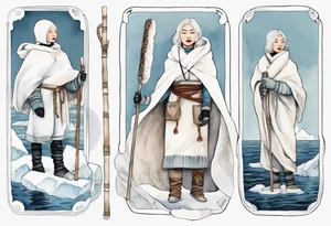 an Inuit woman with white hair, wearing mittens, wearing a white cloak, holding a white staff, wearing mukluks, standing on an iceberg in the sea tattoo idea