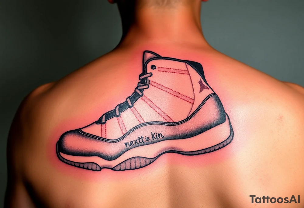 Create a shoe that is like a Jordan 11 but have very similar features and have it say “next of kin”on the sides of the shoe tattoo idea