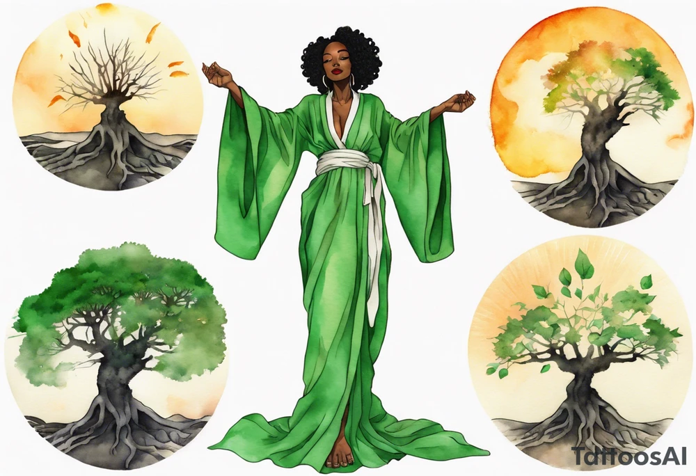 a beautiful black woman with tree roots for feet, wearing a green robe, arms reaching up towards the sun blazing in the sky tattoo idea