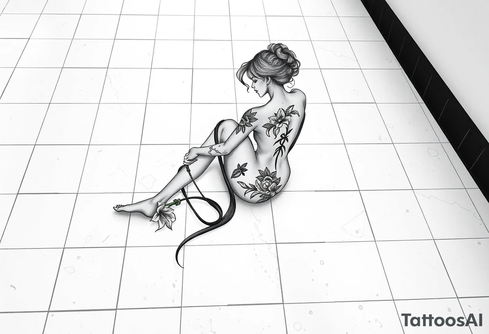 A simple tile floor with a minimalist, almost abstract curled figure sitting on the floor with a lily next to her tattoo idea