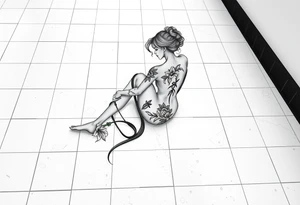 A simple tile floor with a minimalist, almost abstract curled figure sitting on the floor with a lily next to her tattoo idea