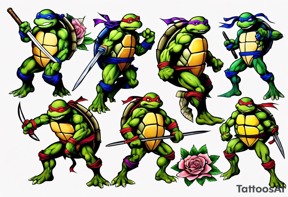 teenage mutant ninja turtles fighting with floral accents tattoo idea