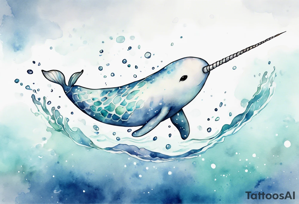 a melancholy watercolor painting of a realistic white narwhal swimming tattoo idea