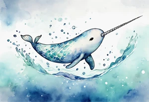a melancholy watercolor painting of a realistic white narwhal swimming tattoo idea