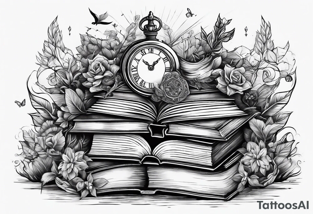 Stack of books surrounded by fantasy elements tattoo idea
