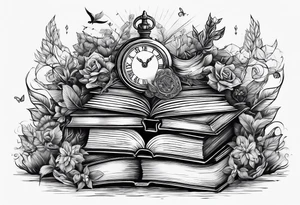Stack of books surrounded by fantasy elements tattoo idea