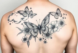 Some clouds and flowers and butterflies and spiders and a tommy gunn and a price of paper burning. All lightly shaded into a forearm sleeve tattoo idea