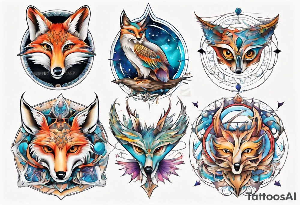 fisch, fuchs und eule , symetrie universum, bunt tattoo idea