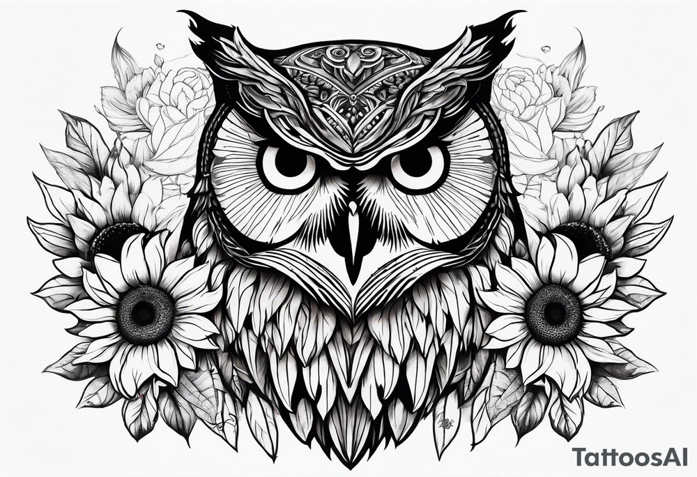 Arm sleeve with owl and sunflowers tattoo idea