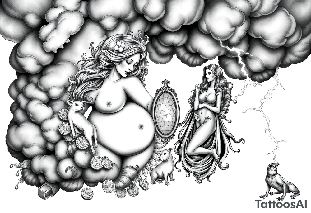 Storm clouds with a fat naked woman and drugs and money  and coins and mirror and sexy naked couple lustful having sex with pig and peacock frog lamb and lightening tattoo idea
