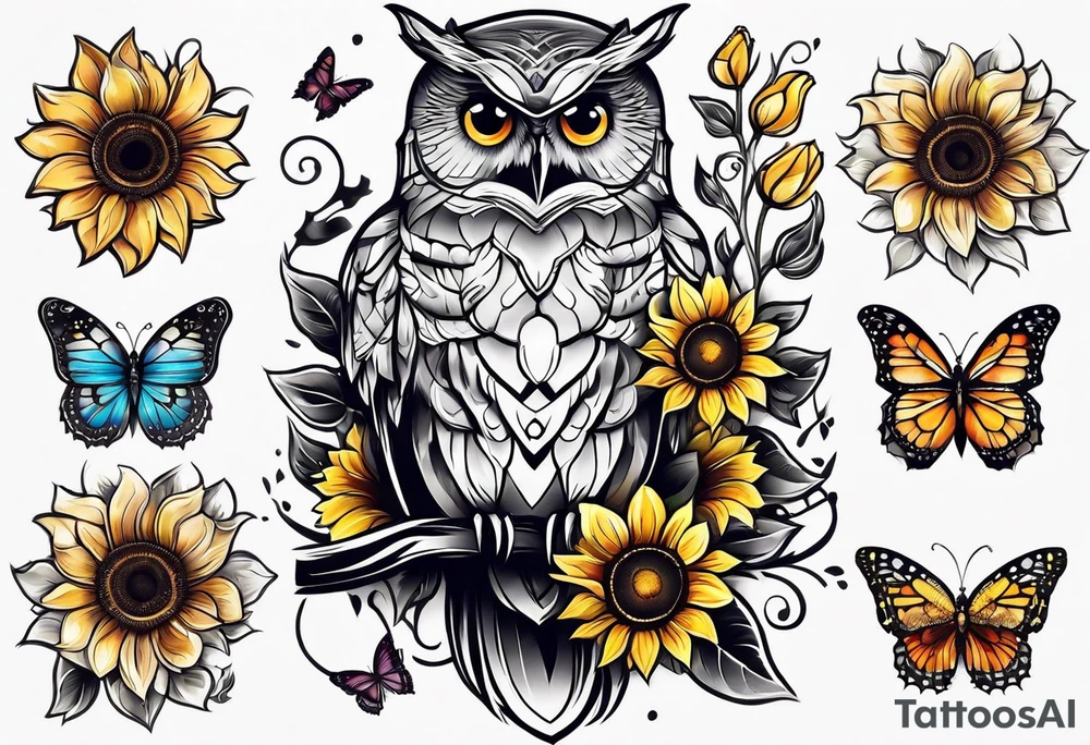 Small owl with sunflowers and butterflies arm sleeve tattoo idea