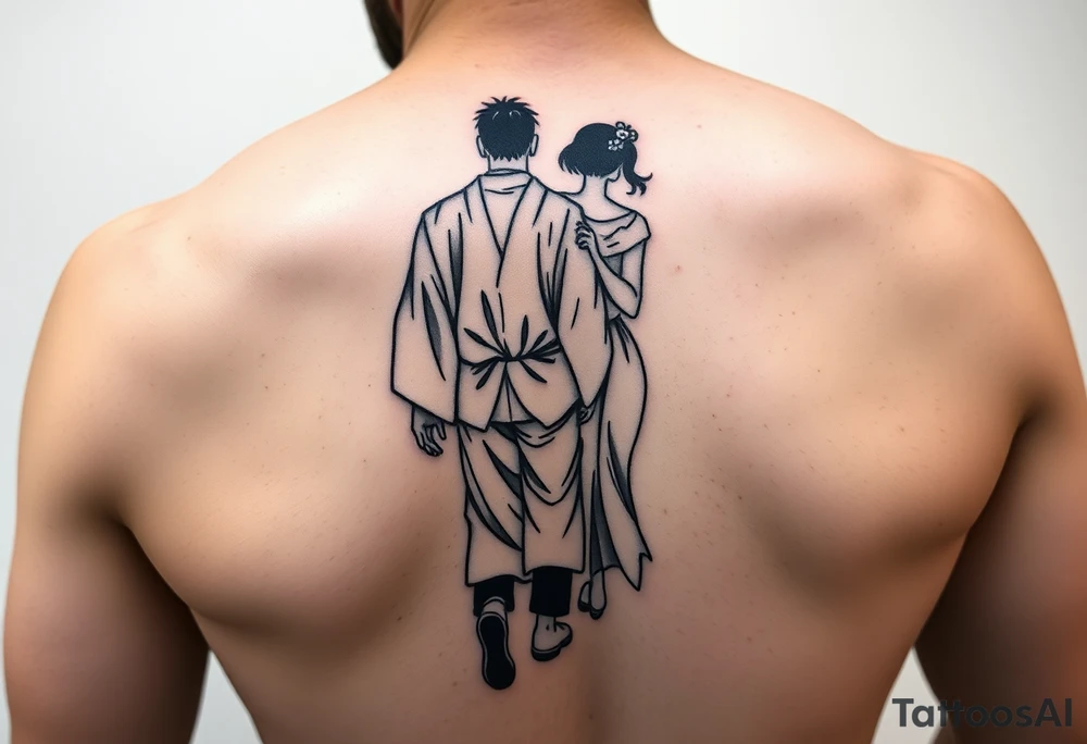 An abstract tattoo of a guy in a kimono walking forward while a girl pushes him from behind. tattoo idea