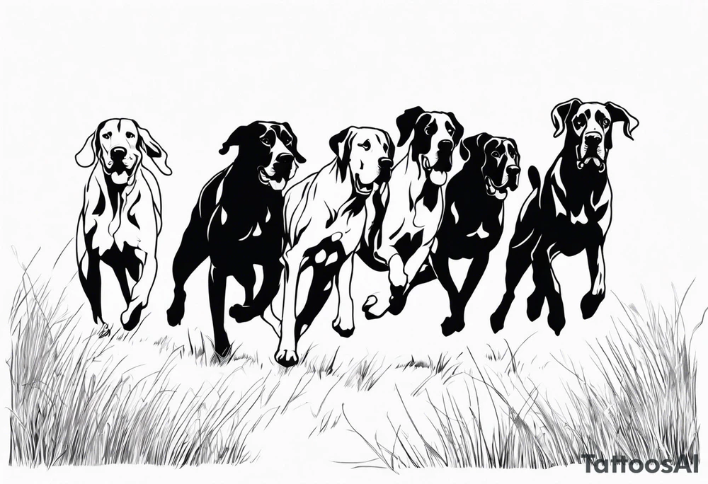 full arm sleeve on guy with (4) Four Great Dane floppy ear dogs running together in the field tattoo idea