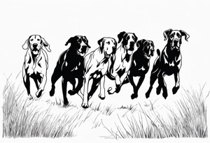full arm sleeve on guy with (4) Four Great Dane floppy ear dogs running together in the field tattoo idea