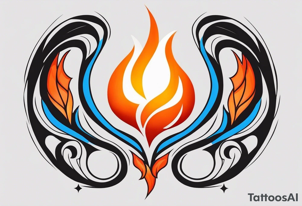 Twin flame symbol and fire. Make it small and minimalistic. Straight clean line border around the flame. Everything else black and white minus the twin flame fire. Flame is blue intertwined with orange/red. tattoo idea