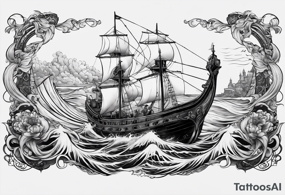 A sale ship sinking with two mermaids, either side, one which is trying to save the boat and one which is trying to help sink it tattoo idea