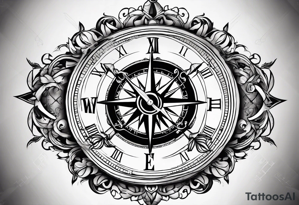 combination of a  nautical compass and a old school clock face deconstructed tattoo idea