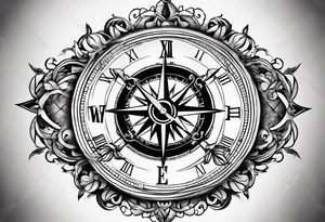 combination of a  nautical compass and a old school clock face deconstructed tattoo idea